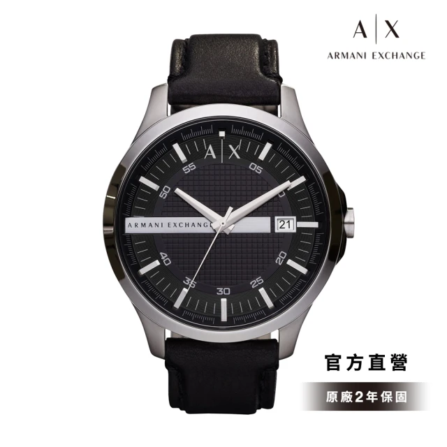 A|X Armani Exchange 官方直營 Hampton 灰線壓字時尚手錶 黑色真皮錶帶 46MM AX2101