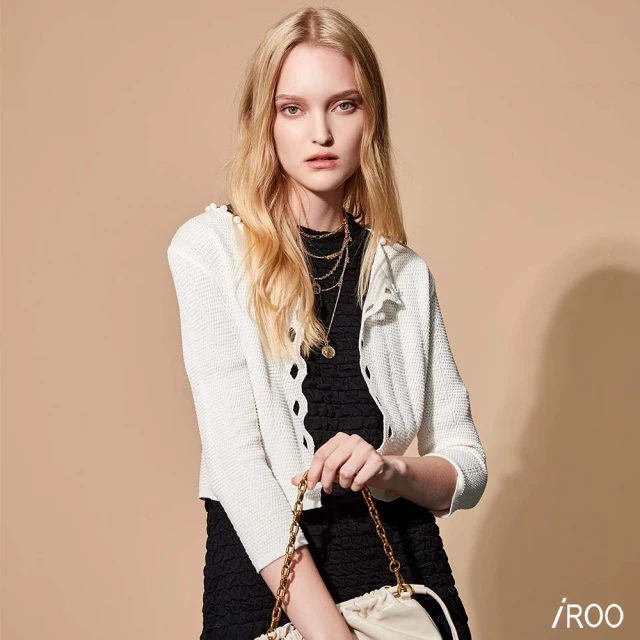 【iROO】珍珠鑲領針織外套