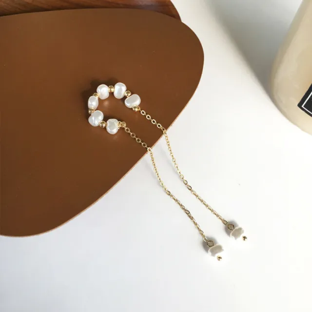 【MISS KOREA】韓國設計唯美不規則珍珠無耳洞長流蘇耳骨夾(不規則耳環 珍珠耳環 流蘇耳環)