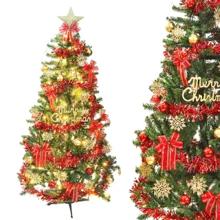 【摩達客】耶誕-6尺/6呎 180cm 特仕幸福型裝飾綠色聖誕樹(綺紅金雪系配件+100燈LED燈暖白光*1 附控制器)
