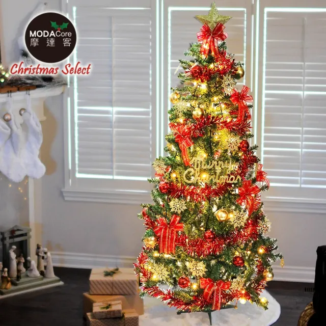 【摩達客】耶誕-6尺/6呎 180cm 特仕幸福型裝飾綠色聖誕樹(綺紅金雪系配件+100燈LED燈暖白光*1 附控制器)