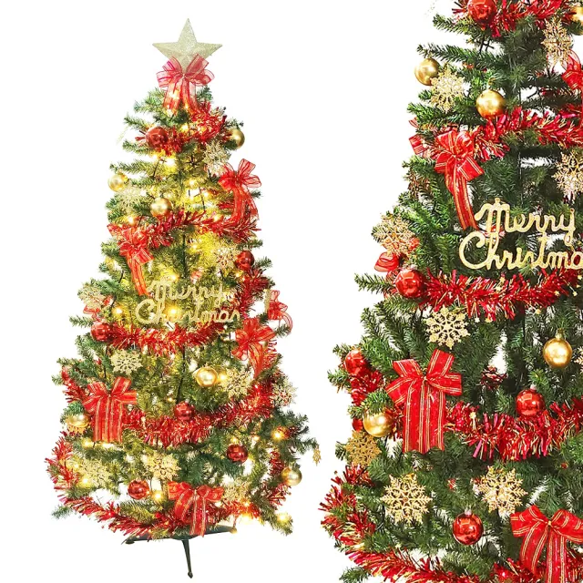 【摩達客】7尺/7呎 210cm 特仕幸福型裝飾綠色聖誕樹(綺紅金雪系配件+100燈LED燈暖白光*2 附控制器)