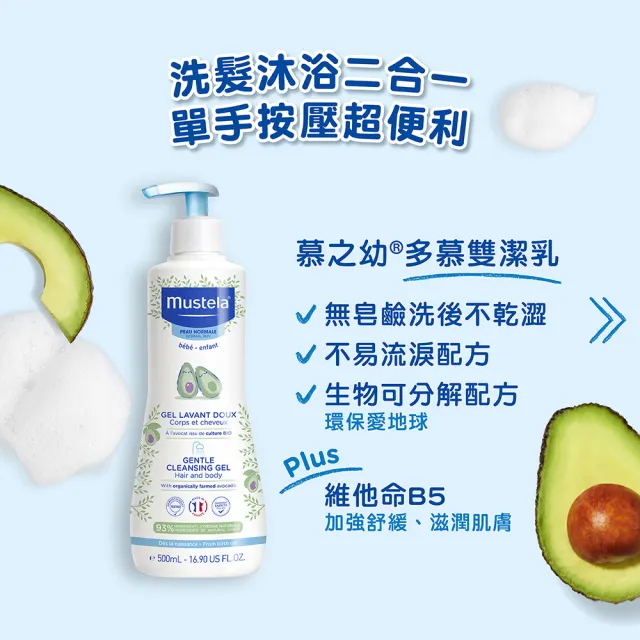 【Mustela 慕之恬廊】慕之幼 新手爸媽必備SOP組(雙潔乳500ml+爽身潤膚乳300ml+屁屁膏50ml 嬰兒洗髮乳液)