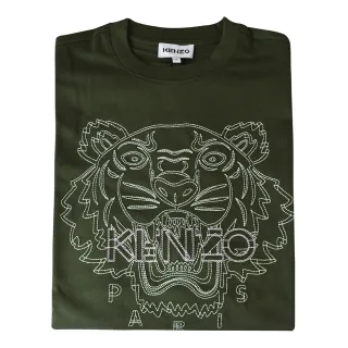 【KENZO】KENZO白字刺繡LOGO經典虎頭設計棉質短袖T-Shirt(軍綠)