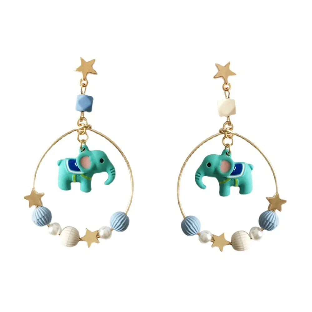 【MISA】韓國設計S925銀針可愛大象串珠圈圈星星造型耳環(S925銀針耳環 大象耳環 串珠耳環)