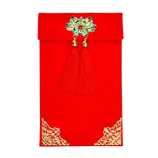【摩達客】農曆春節開運☆綢緞布古典花朵雙流蘇底框金藝術紅包袋