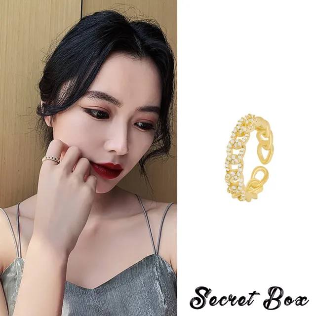 【SECRET BOX】韓國設計微鑲美鑽鍊條造型氣質開口戒(水鑽戒 開口戒 鍊條戒)