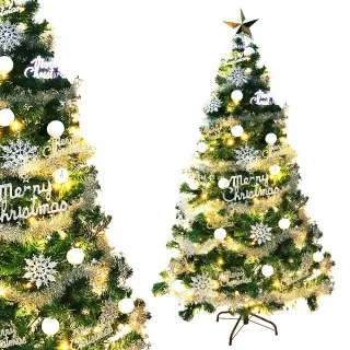 【摩達客】耶誕-台灣製6尺 180cm 高級豪華版綠聖誕樹(冰雪銀白系飾品組+100燈LED燈暖白光2串/附IC控制器)