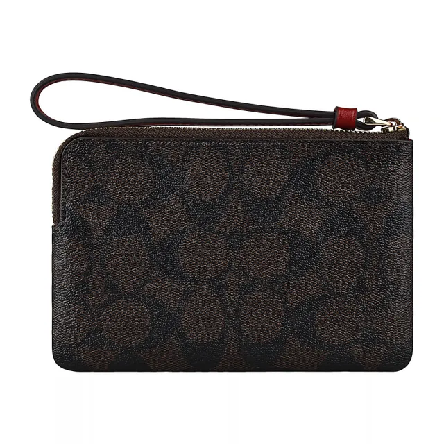 【COACH】COACH 燙金馬車LOGO印花PVC拼接牛皮拉鍊手拿包(深褐x紅)