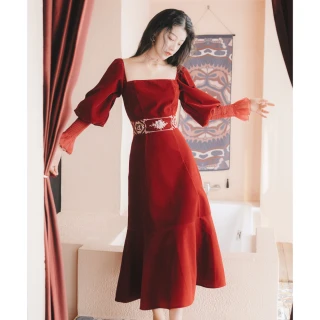 【Blue Velvet】法式復古公主風古典刺繡燈籠長袖長版連身裙(紅)