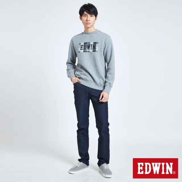 【EDWIN】男裝 小高領格紋LOGO厚長袖T恤(灰褐色)