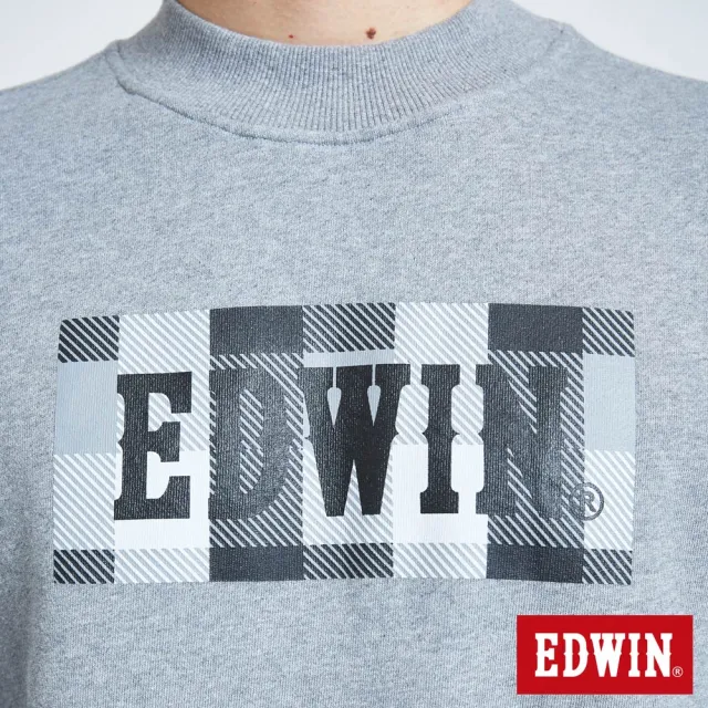 【EDWIN】男裝 小高領格紋LOGO厚長袖T恤(灰褐色)