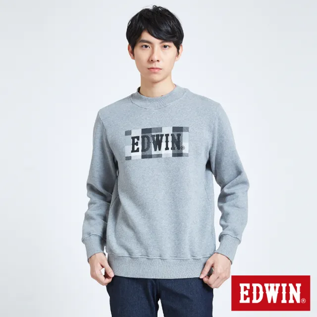 【EDWIN】男裝 小高領格紋LOGO厚長袖T恤(灰褐色)