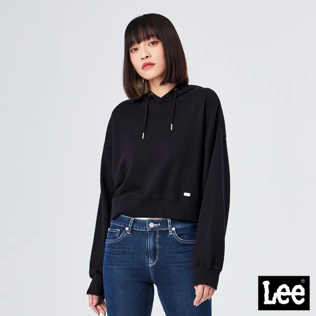【Lee】女裝 帽T / 短版鐵牌 氣質黑 標準版型(LL210365K11)