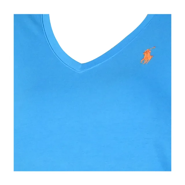 【RALPH LAUREN】撞色經典刺繡小馬V領長袖T恤(藍)
