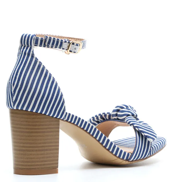 【FNACE】今夏指標  經典條紋與格紋 層皮跟設計 氣質女伶粗跟涼鞋(海洋藍)
