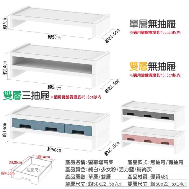 【FL 生活+】桌上型電腦螢幕置物架-雙層三抽屜(增高架 收納架 A-066)