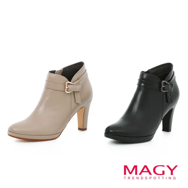 【MAGY】造型真皮釦帶金屬高跟 女 短靴短靴(可可)