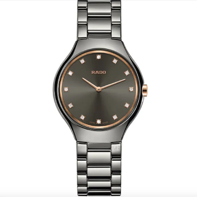 【Rado 雷達表】True Thinline真薄系列 全陶瓷超薄鑲鑽女腕錶-銀灰30mmR05(R27956722)