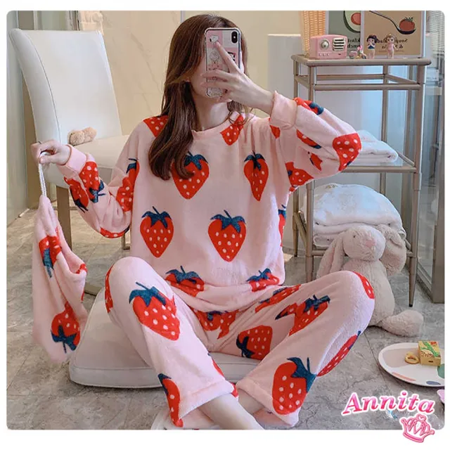 【Annita】果漾草莓  珊瑚絨兩件式睡衣(保暖材質睡衣)