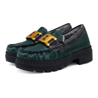 【Normady 諾曼地】女鞋 休閒鞋 懶人鞋 MIT台灣製 真皮鞋 金屬釦磁石厚底內增高氣墊球囊跟鞋(祖母綠)