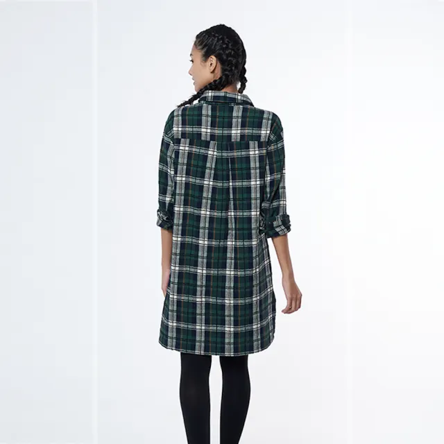 【JEEP】女裝 質感格紋休閒長版襯衫(綠色)