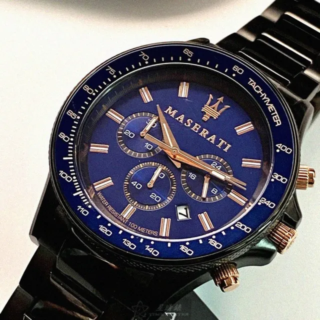【MASERATI 瑪莎拉蒂】瑪莎拉蒂男錶型號R8873640001(寶藍色錶面黑錶殼深黑色精鋼錶帶款)