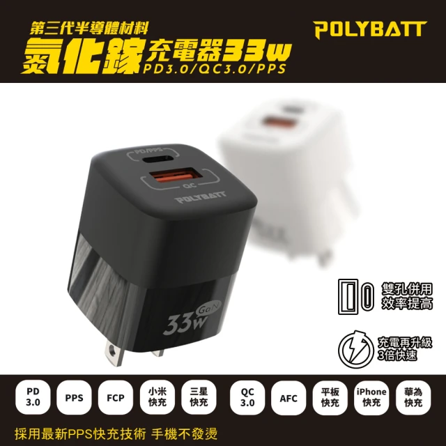 【Polybatt】33W GaN氮化鎵 雙孔PD+QC 手機平板筆電快速充電器