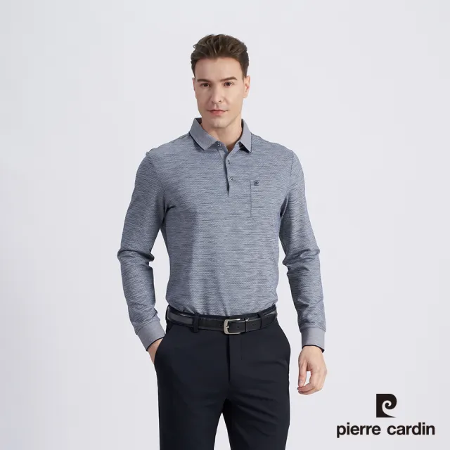 【pierre cardin 皮爾卡登】商務休閒 男款 棉質混紡印花薄長袖POLO衫-丈青色(5215261-38)