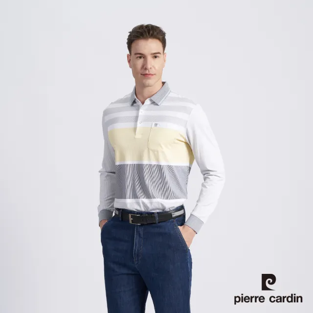 【pierre cardin 皮爾卡登】商務休閒 男款 棉質混紡細條定位印花薄長袖POLO衫-灰色(5215263-95)