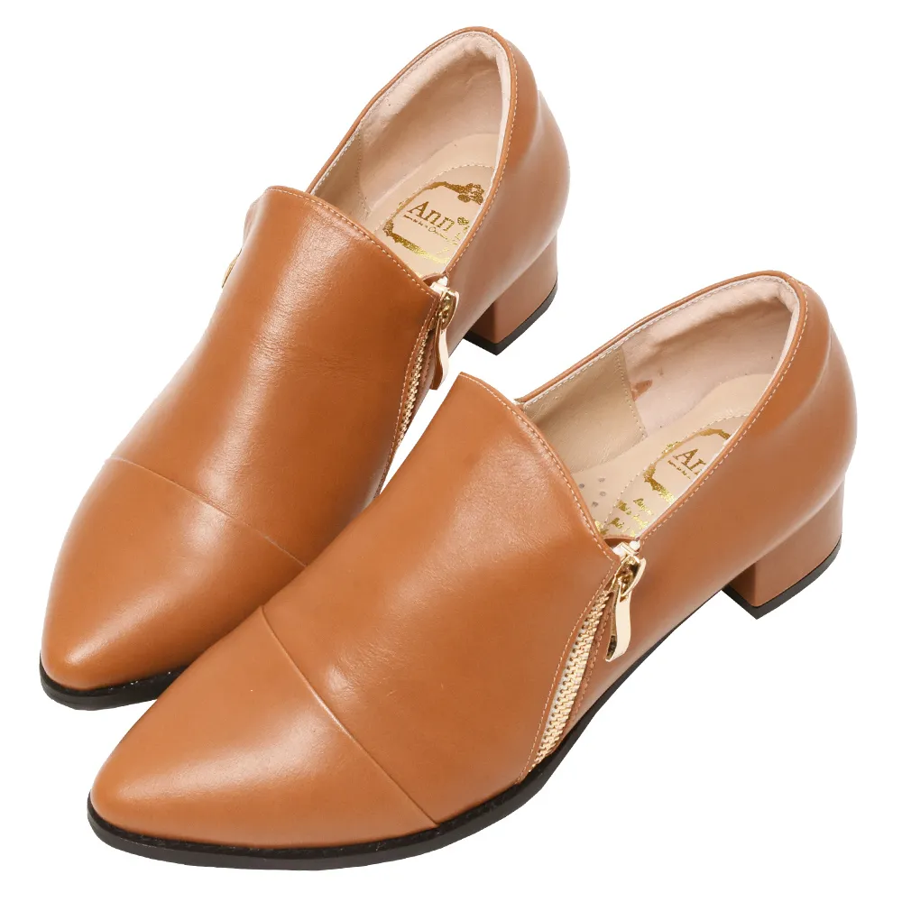 【Ann’S】復古風格2.0-雙拉鍊綿羊皮全真皮牛津便鞋3.5cm(棕)