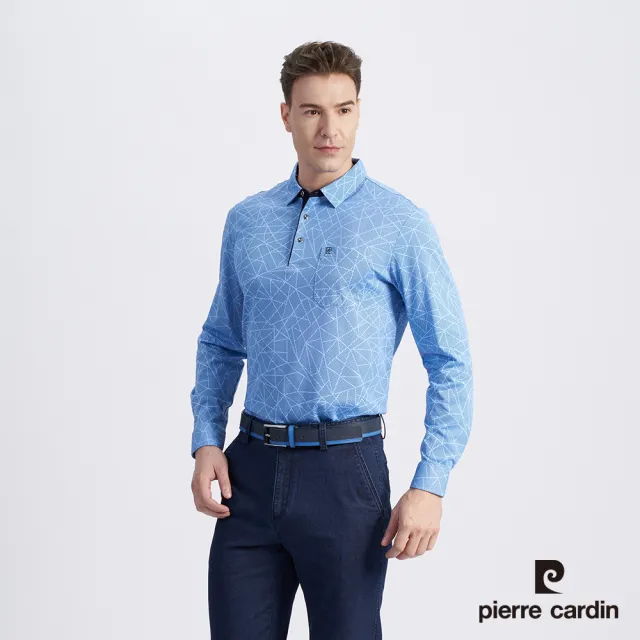 【pierre cardin 皮爾卡登】商務休閒 男款 棉質混紡印花薄長袖POLO衫-藍色(5215268-35)