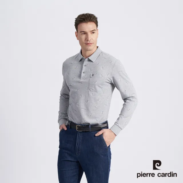 【pierre cardin 皮爾卡登】商務休閒 男款 棉質混紡印花薄長袖POLO衫-灰色(5215264-95)