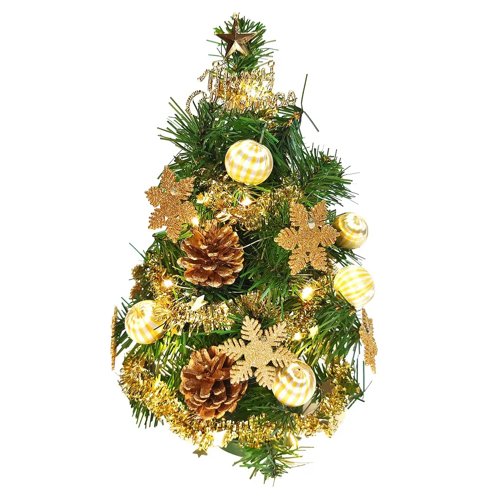 【摩達客】耶誕_台製迷你1尺 30cm 裝飾聖誕樹(糖果球金雪花系+LED20燈銅線燈-暖白光/USB電池兩用充電)