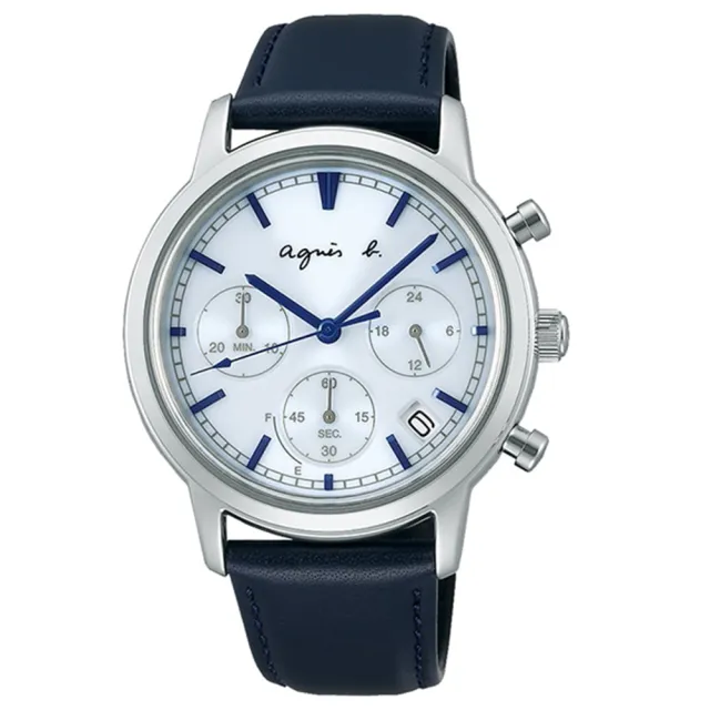 【agnes b.】Solar三眼錶太陽能計時藍皮帶錶(BZ5008X1)