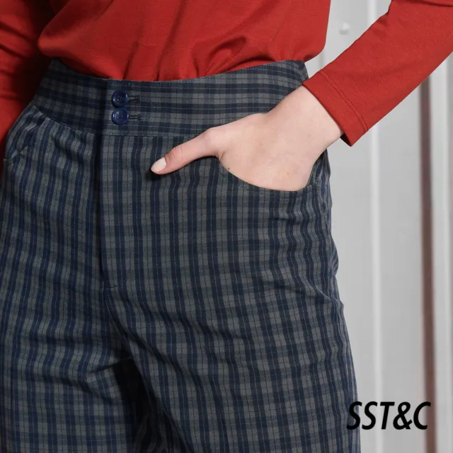 【SST&C 最後５５折】羊毛混紡深藍格紋俐落修身西裝褲7262112008