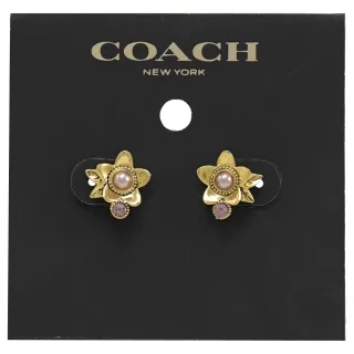 【COACH】專櫃款 簡約鑲鑽花朵珠珠造型時尚耳環(金/粉鑽)