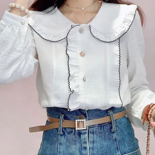 【BBHONEY】韓風OL氣質荷葉娃娃領長袖襯衫上衣(網美必備款)