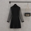 【KVOLL】現貨-玩美衣櫃紗袖拼接雙排扣黑色西裝洋裝M-4XL