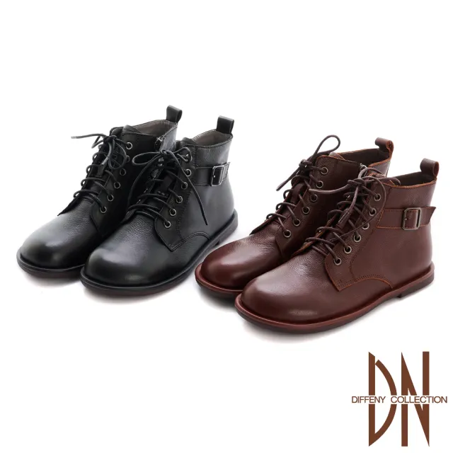 【DN】短靴_真皮率性綁帶側拉鍊馬汀短靴(黑)