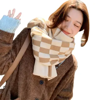【Decoy】棋盤格紋＊清新拼色針織保暖圍巾(2色可選)