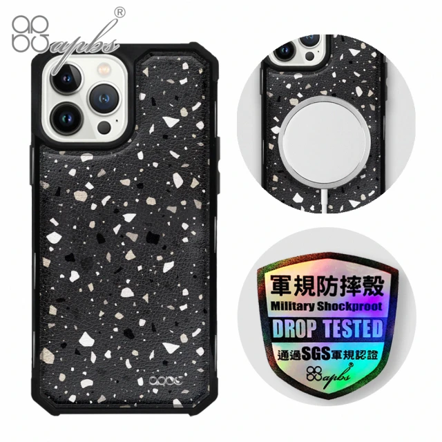 apbs iPhone 13 Pro Max / 13 Pro / 13 軍規防摔皮革磁吸手機殼(經典牛紋-鐵灰磨石-上光版-黑殼)