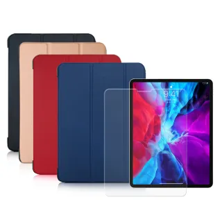 【VXTRA】2020 iPad Pro 12.9吋 經典皮紋三折皮套+9H鋼化玻璃貼(合購價)