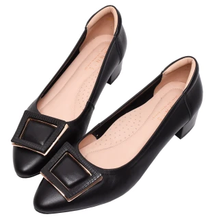 【Ann’S】溫柔大方-立體方扣造型柔軟牛皮低跟尖頭鞋3cm(黑)
