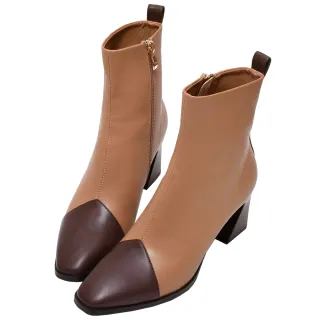 【Ann’S】高段位時尚-拼接色造型鞋根方頭短靴6.5cm-版型偏小(咖杏)