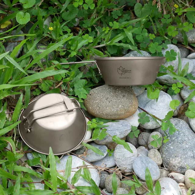 【Outdoorbase】野夫炊煙 摺疊把手隨行鈦碗300ml(純鈦製造 不易殘留食物氣味 抗菌安全 輕巧不卡油)