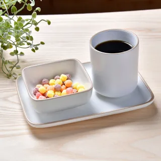 【YU Living 信歐傢居】日式和風方型陶瓷餐具三件組 杯300ml(一杯二盤/3色可遠/黑.綠.白色/餐廚用品)