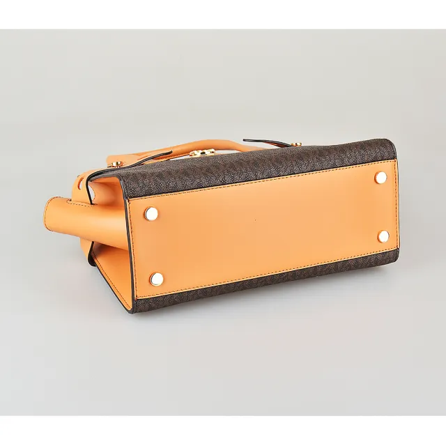 【Michael Kors】MICHAEL KORS CARMEN金字LOGO PVC扣式手提斜背包(小/深咖啡x蘋果酒橘)