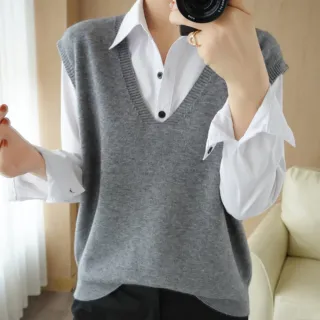 【JC Collection】羊毛混紡V領寬鬆百搭素色背心(黑色、灰色、果綠色)