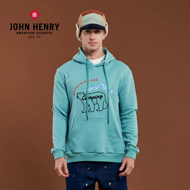 【JOHN HENRY】Camping北極熊刺繡純棉連帽T恤-藍綠色